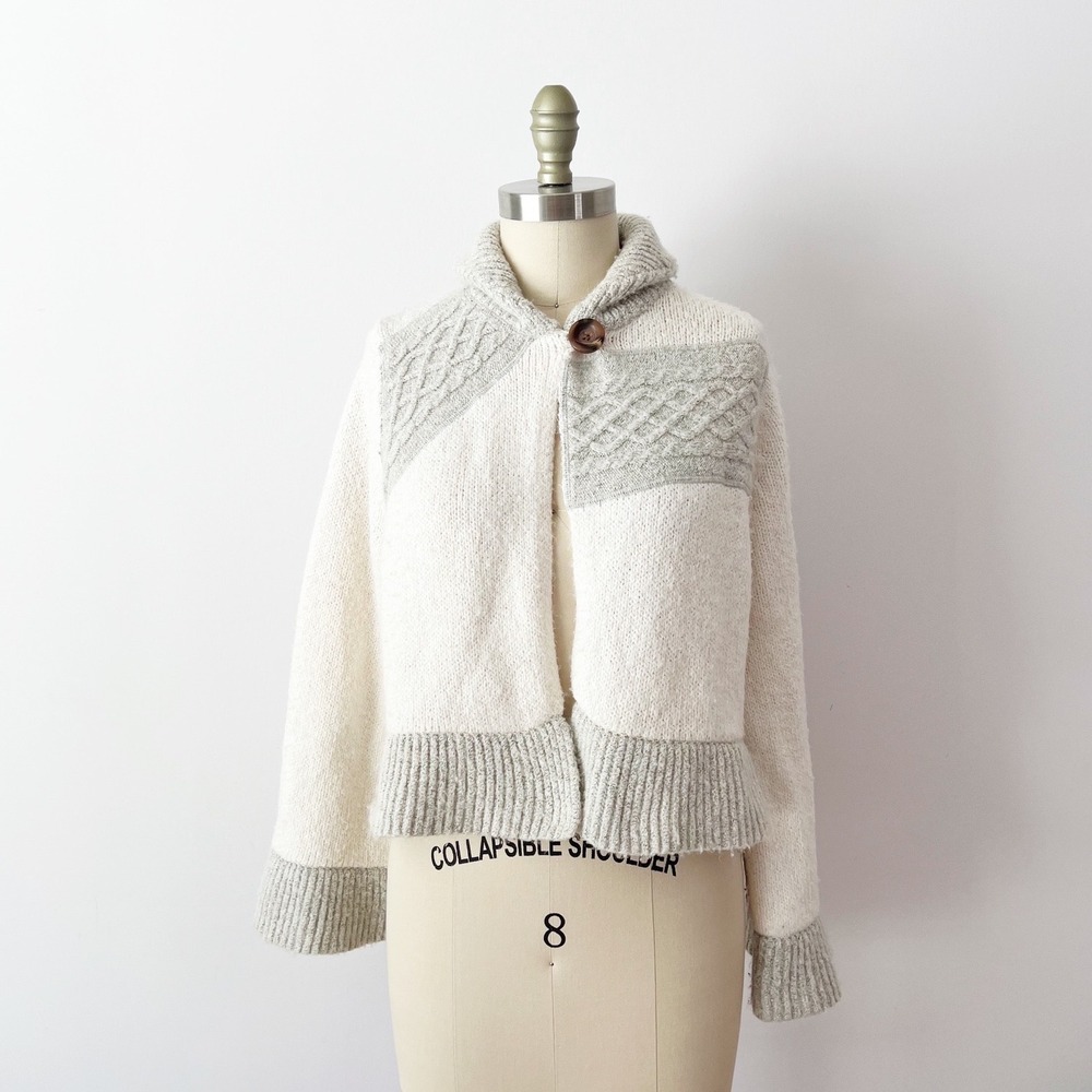 prAna Cardigan Sweater Cream Grey Cable Knit Chunky Asymmetrical Single Button S